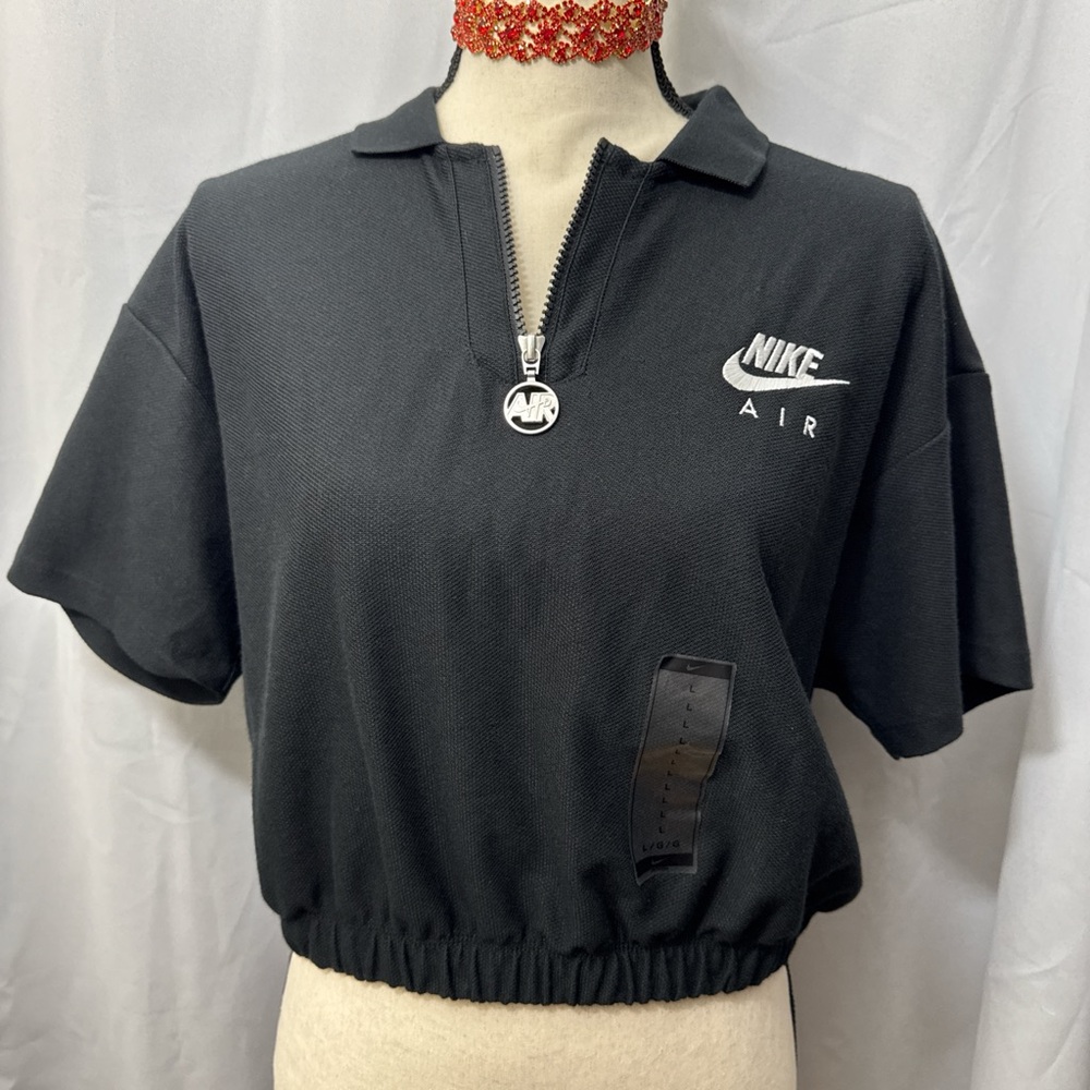 Women's Nike AIR Black  Short Sleeve LOOSE Fit 1/4 Zip Crop Gathered Waist Shirt